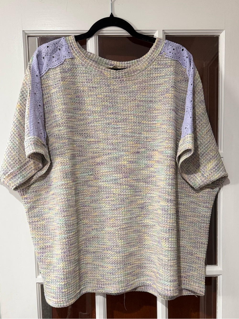 New Easel Pastel Multicolor Knit Top with Lavender Lace Shoulder Detail